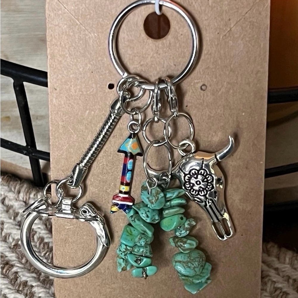 Silver and Turquoise Keychain with Bull Head Charm